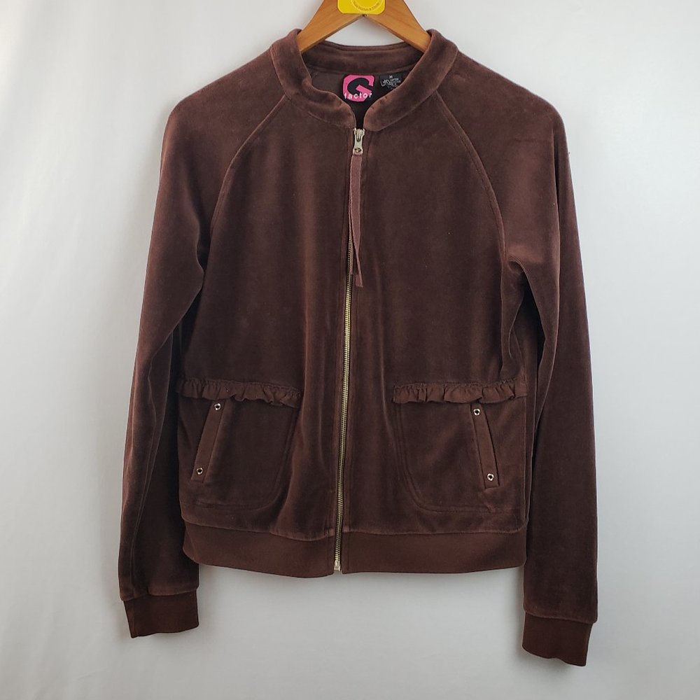 G Factor Womens Zip Front Velour Jacket Pockets